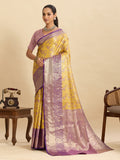 Fabrica Vibe Mustard Yellow & Lavender Banarasi Silk Blend Saree with Peacock Floral Zari Weaving