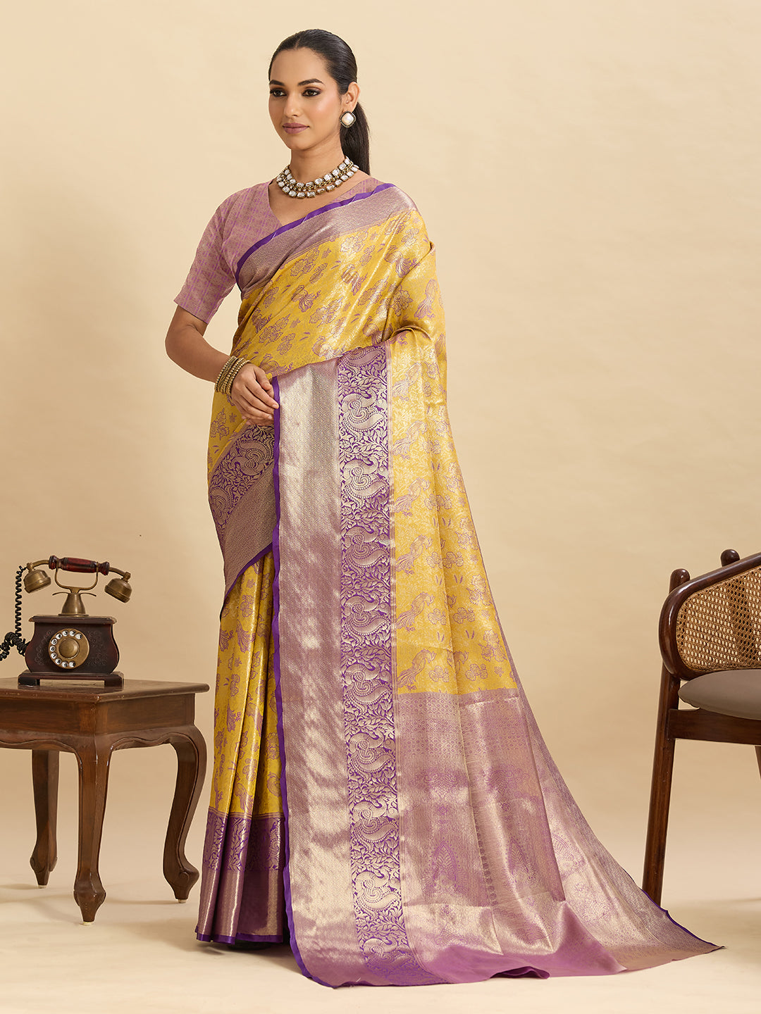Fabrica Vibe Mustard Yellow & Lavender Banarasi Silk Blend Saree with Peacock Floral Zari Weaving