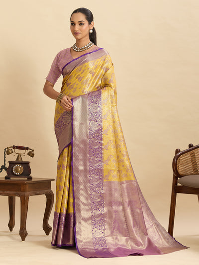 Fabrica Vibe Mustard Yellow & Lavender Banarasi Silk Blend Saree with Peacock Floral Zari Weaving