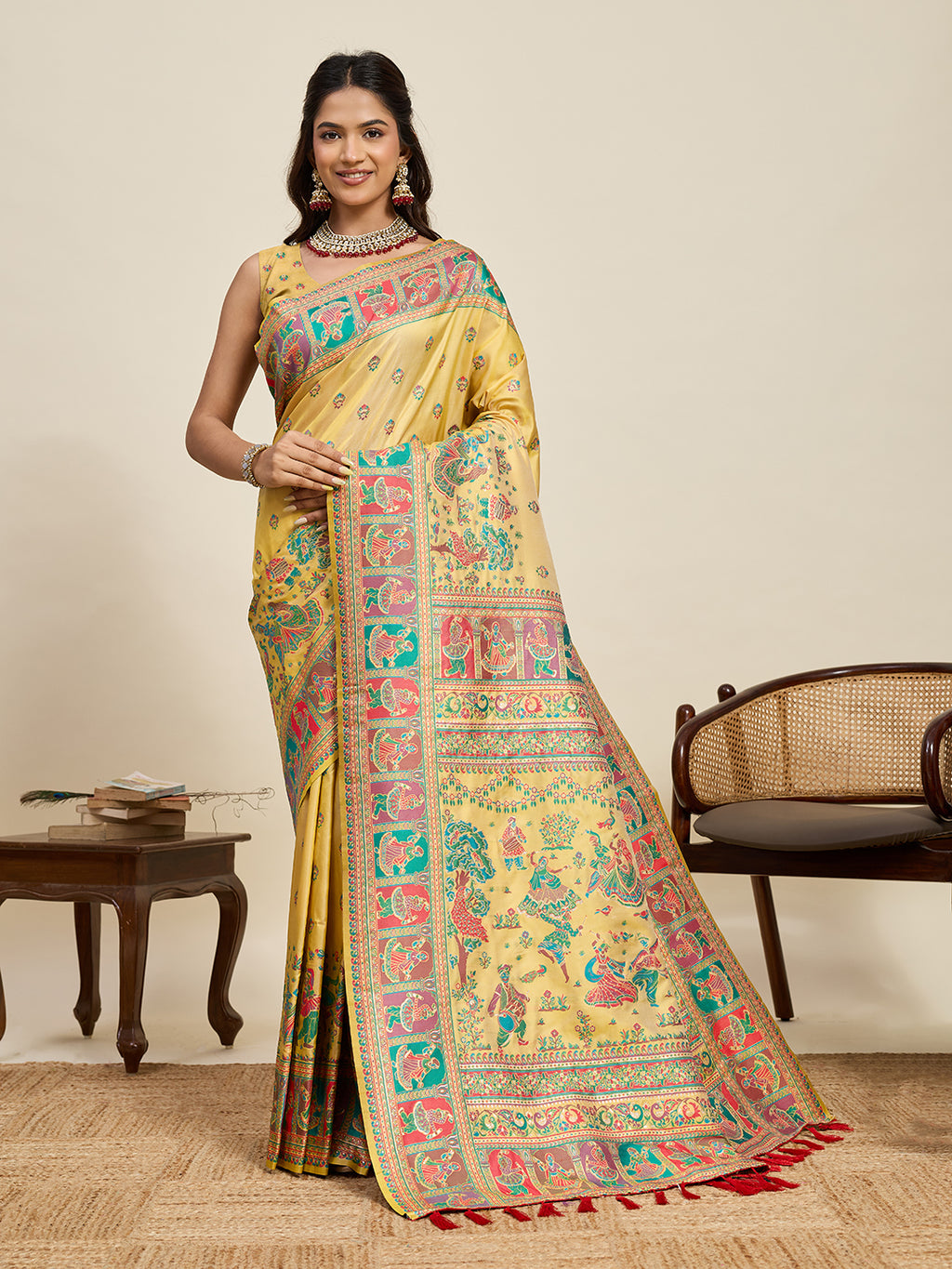 Fabrica Vibe Mustard Yellow Art Silk Folk Art Printed Saree with Peacock Motifs & Tassel Pallu