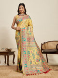 Fabrica Vibe Mustard Yellow Art Silk Folk Art Printed Saree with Peacock Motifs & Tassel Pallu