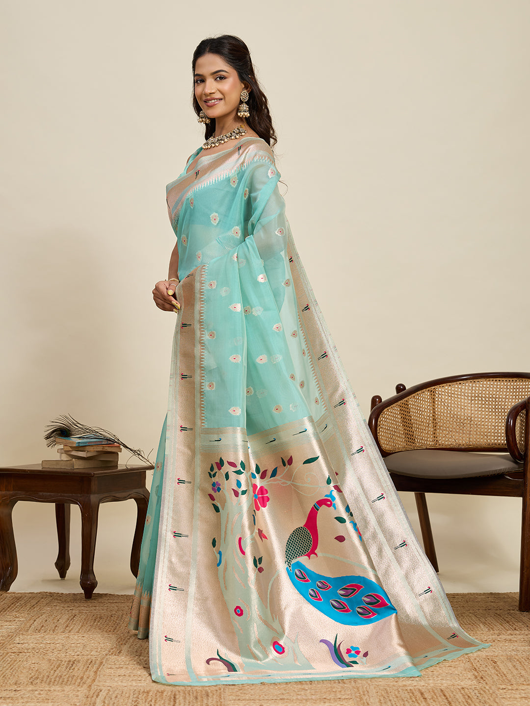 Fabrica Vibe Aqua Blue Organza Silk Saree with Peacock Motif Pallu & Zari Border