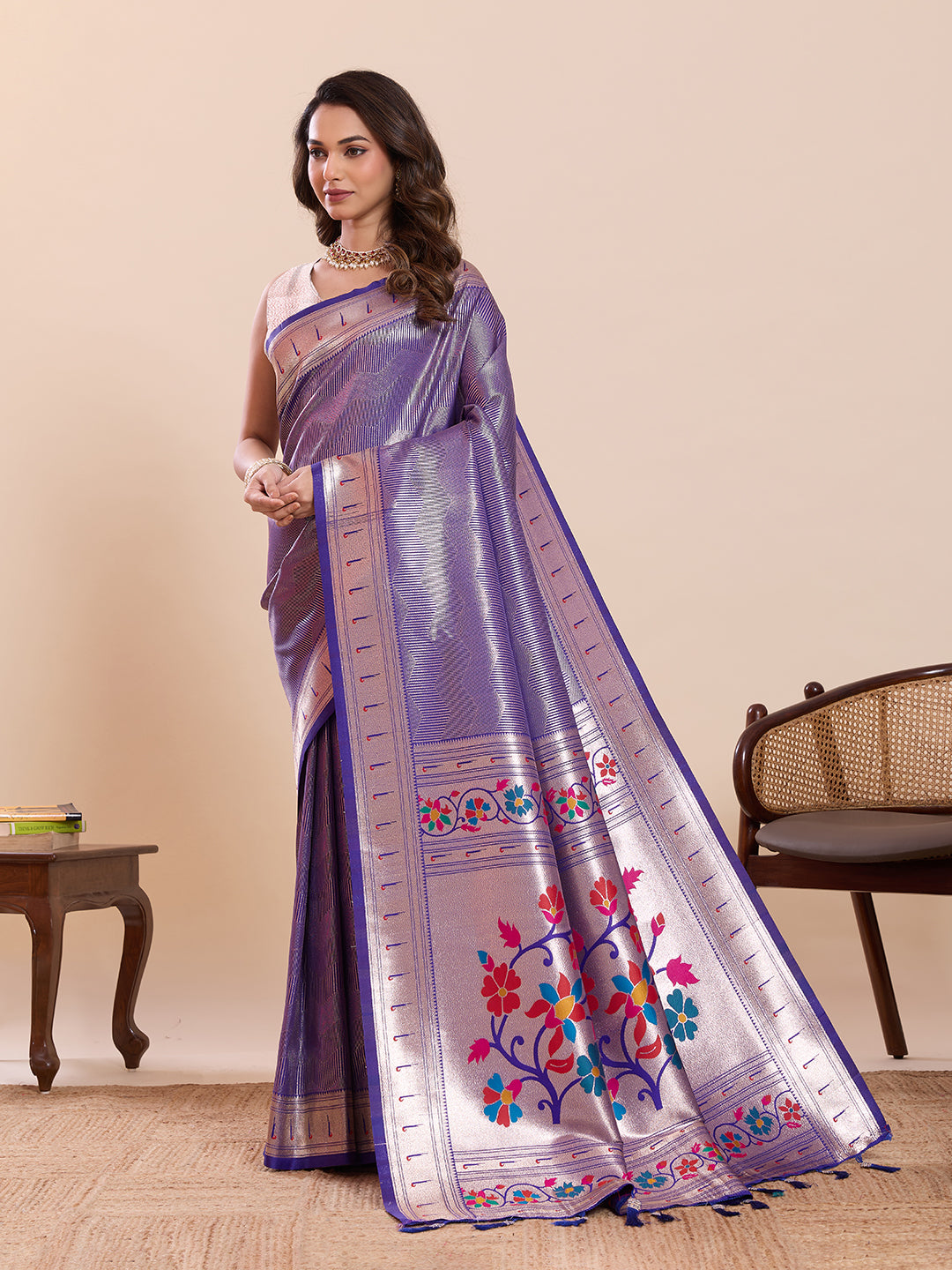 Fabrica Vibe Lavender Purple Paithani Art Silk Saree with Multicolor Floral Woven Pallu