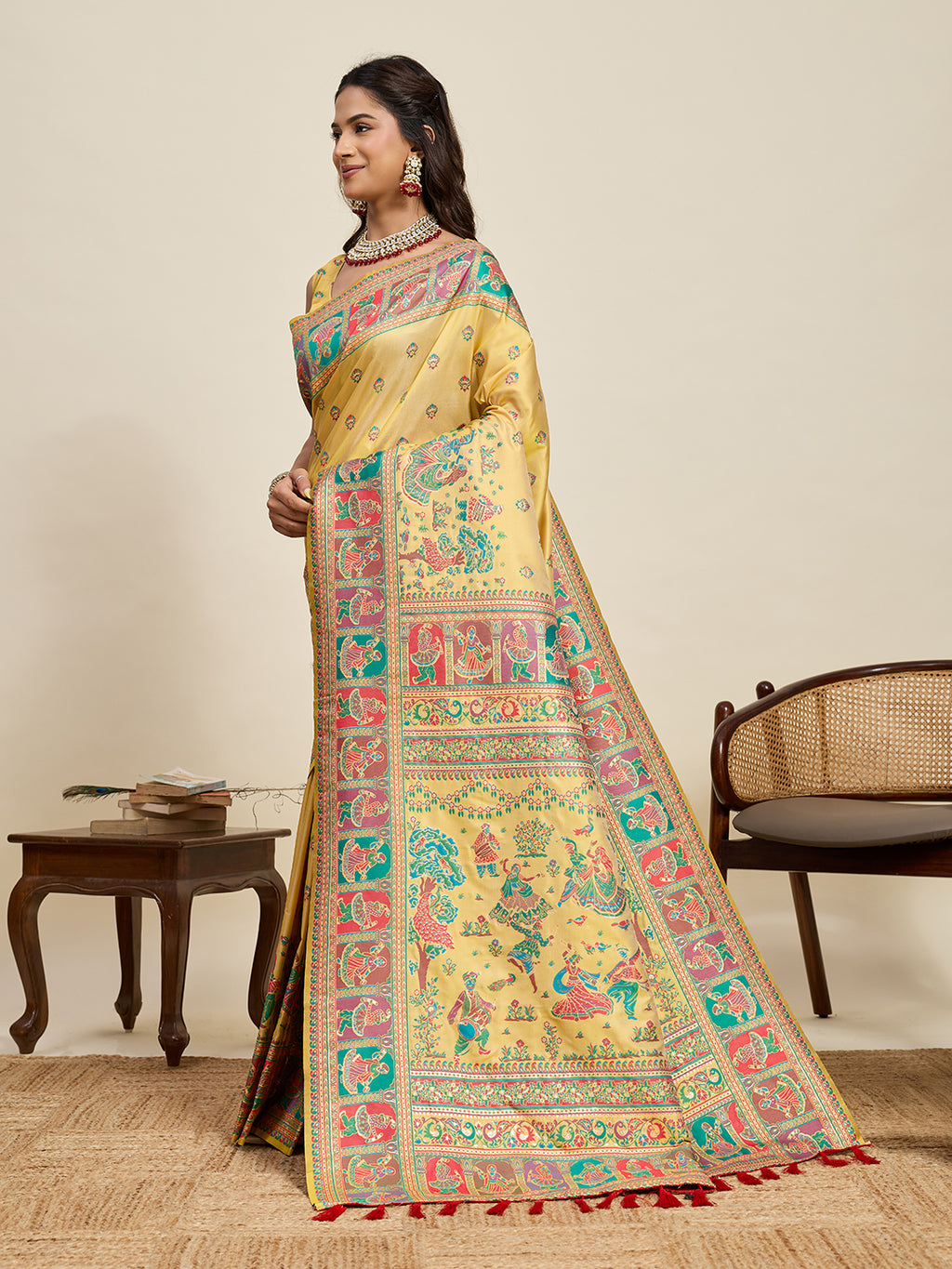Fabrica Vibe Mustard Yellow Art Silk Folk Art Printed Saree with Peacock Motifs & Tassel Pallu