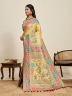 Fabrica Vibe Mustard Yellow Art Silk Folk Art Printed Saree with Peacock Motifs & Tassel Pallu