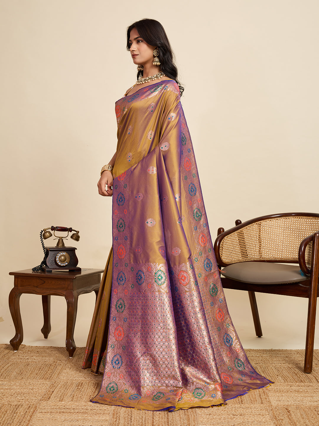 Fabrica Vibe Golden Mustard Banarasi Silk Saree with Multicolor Floral Zari Weaving