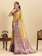 Fabrica Vibe Mustard Yellow & Lavender Banarasi Silk Blend Saree with Peacock Floral Zari Weaving