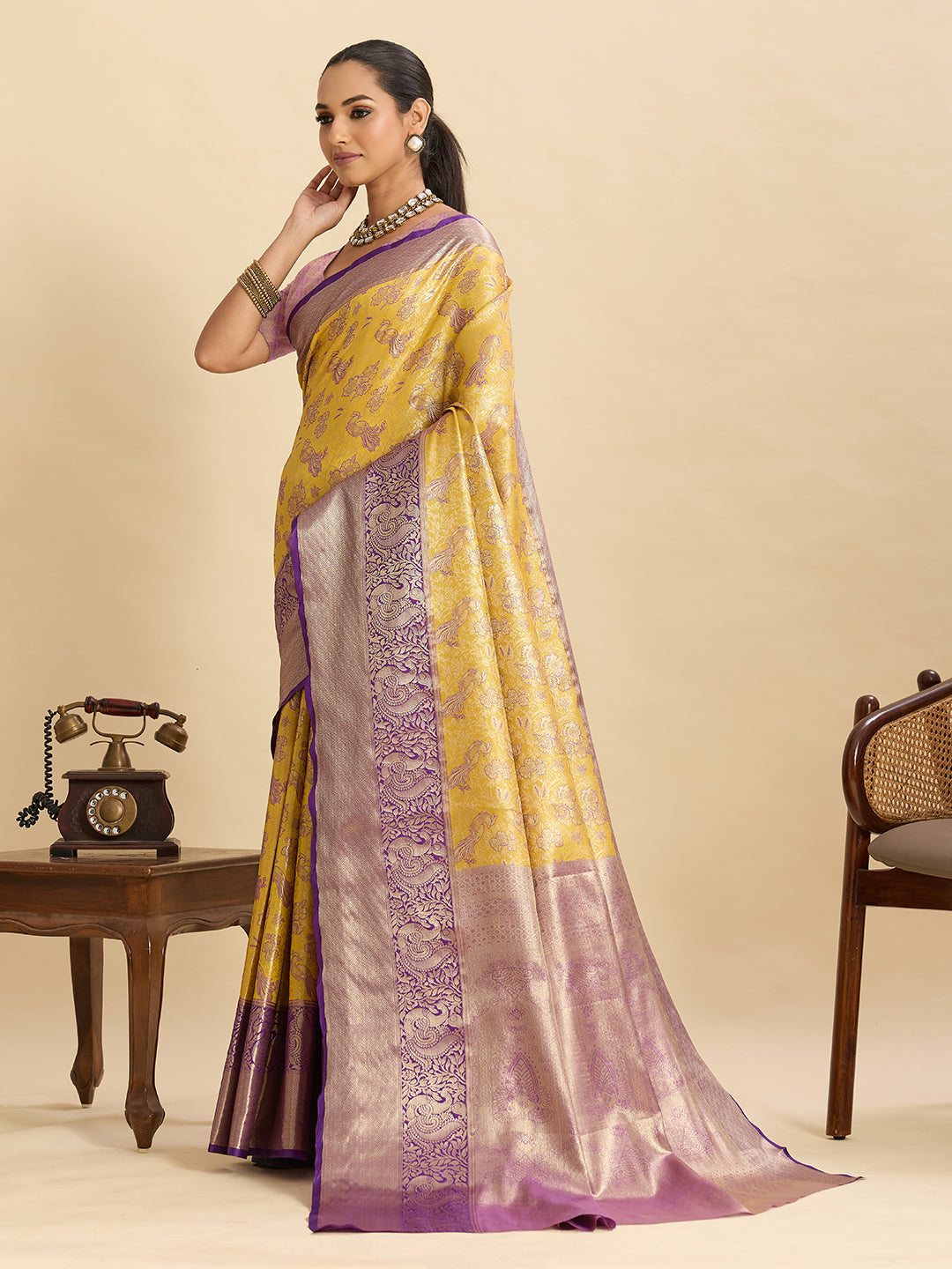 Fabrica Vibe Mustard Yellow & Lavender Banarasi Silk Blend Saree with Peacock Floral Zari Weaving