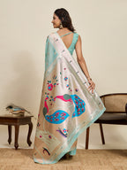 Fabrica Vibe Aqua Blue Organza Silk Saree with Peacock Motif Pallu & Zari Border