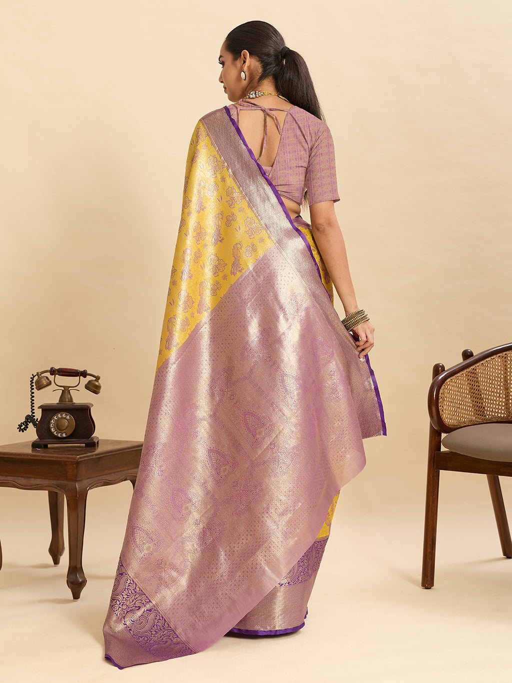 Fabrica Vibe Mustard Yellow & Lavender Banarasi Silk Blend Saree with Peacock Floral Zari Weaving