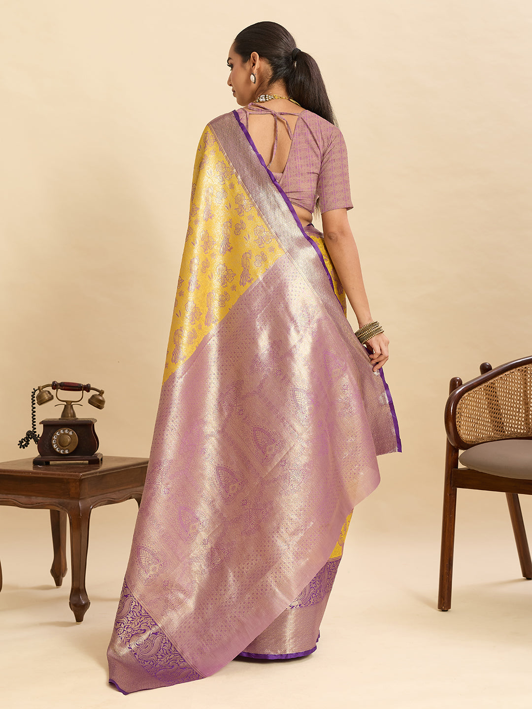 Fabrica Vibe Mustard Yellow & Lavender Banarasi Silk Blend Saree with Peacock Floral Zari Weaving
