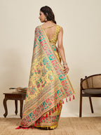 Fabrica Vibe Mustard Yellow Art Silk Folk Art Printed Saree with Peacock Motifs & Tassel Pallu