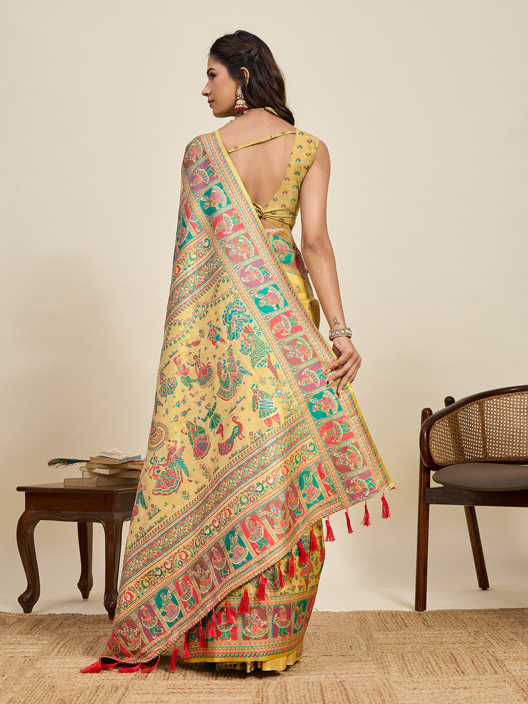 Fabrica Vibe Mustard Yellow Art Silk Folk Art Printed Saree with Peacock Motifs & Tassel Pallu
