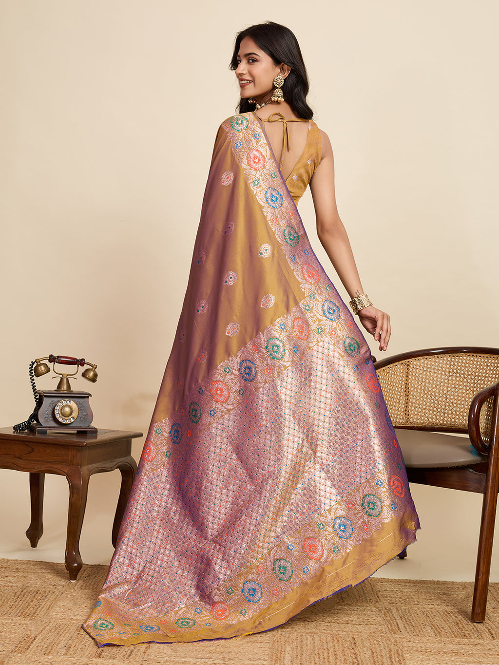 Fabrica Vibe Golden Mustard Banarasi Silk Saree with Multicolor Floral Zari Weaving