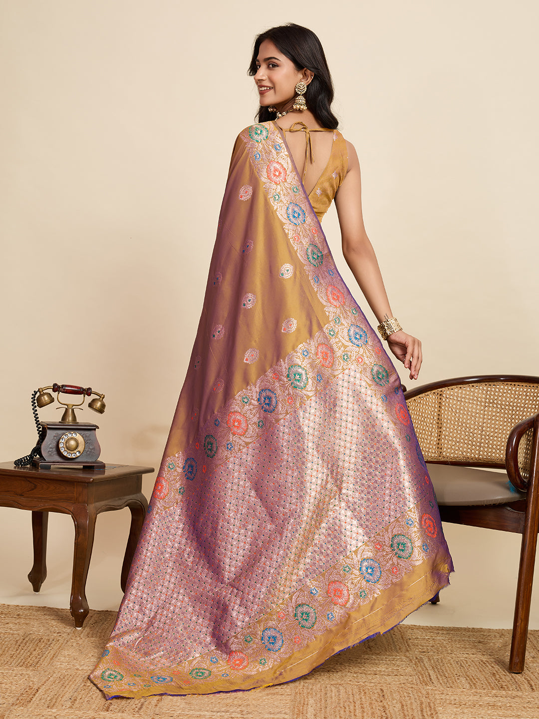 Fabrica Vibe Golden Mustard Banarasi Silk Saree with Multicolor Floral Zari Weaving