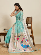 Fabrica Vibe Aqua Blue Organza Silk Saree with Peacock Motif Pallu & Zari Border