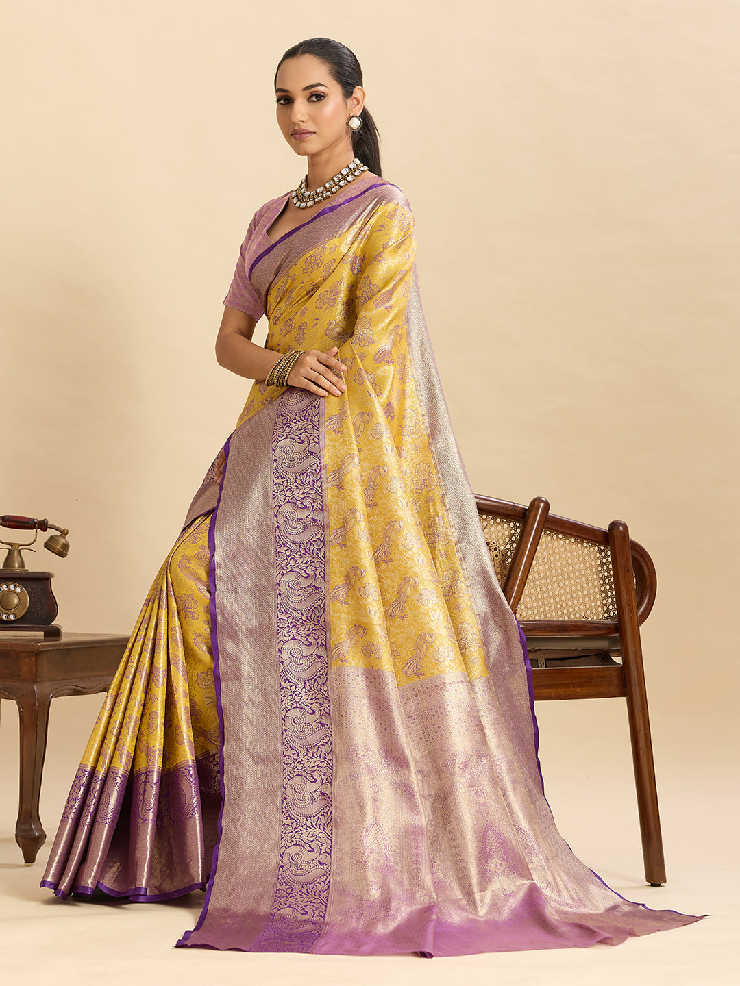 Fabrica Vibe Mustard Yellow & Lavender Banarasi Silk Blend Saree with Peacock Floral Zari Weaving
