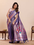 Fabrica Vibe Lavender Purple Paithani Art Silk Saree with Multicolor Floral Woven Pallu