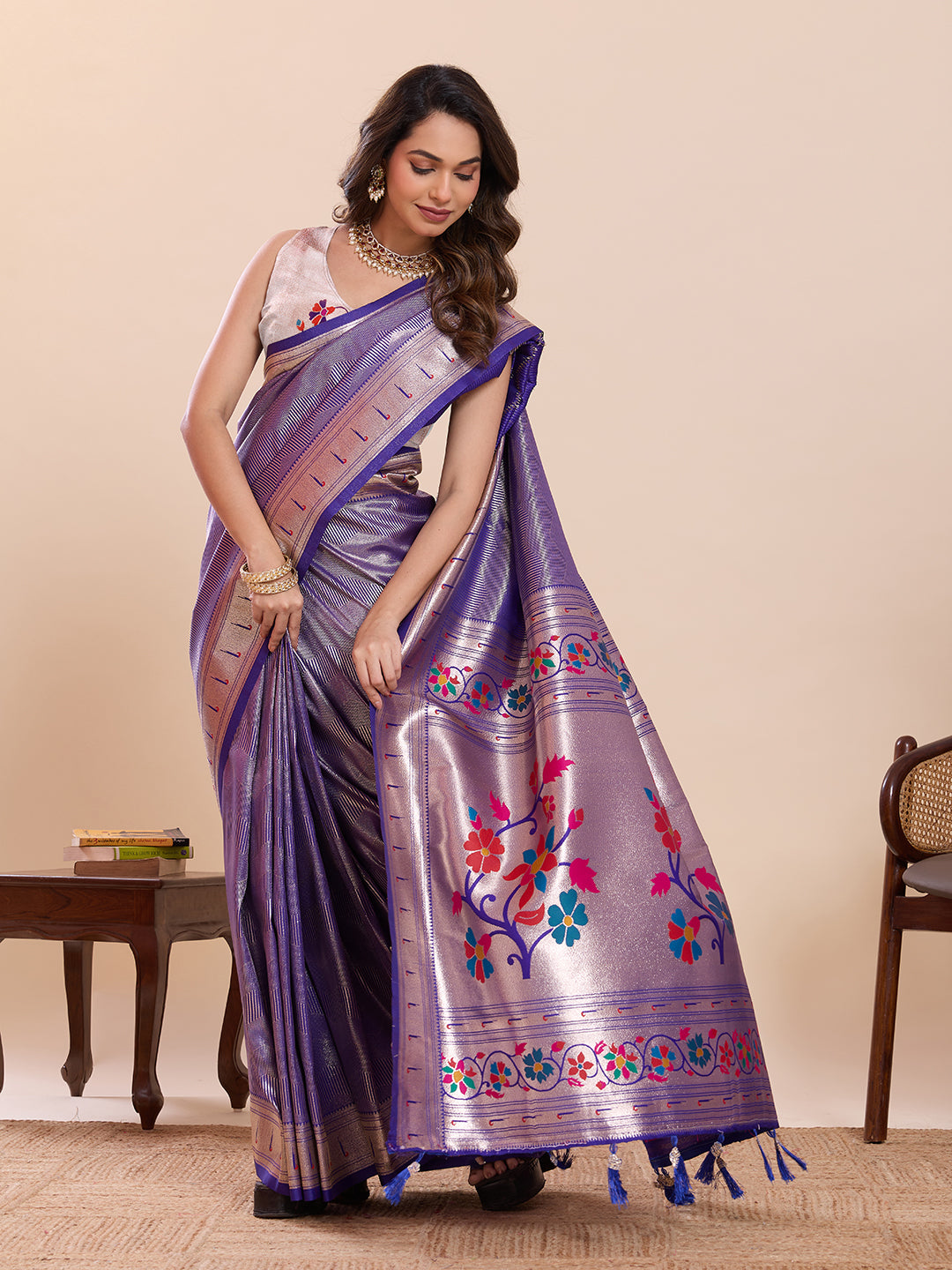 Fabrica Vibe Lavender Purple Paithani Art Silk Saree with Multicolor Floral Woven Pallu