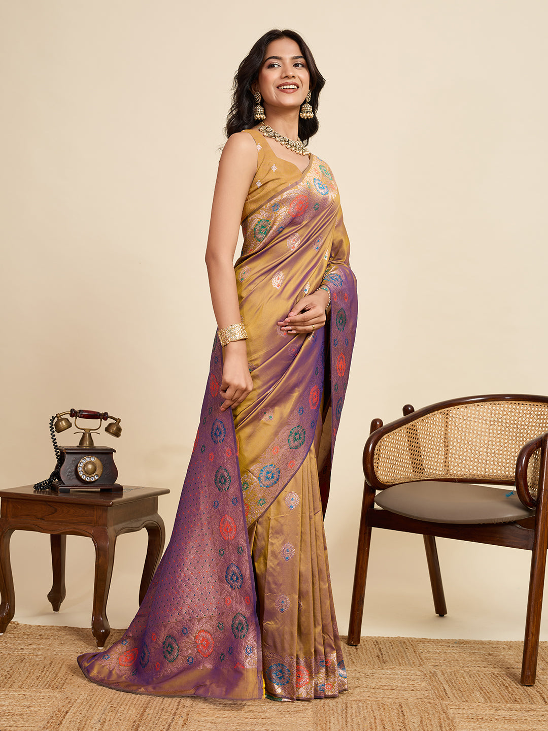 Fabrica Vibe Golden Mustard Banarasi Silk Saree with Multicolor Floral Zari Weaving