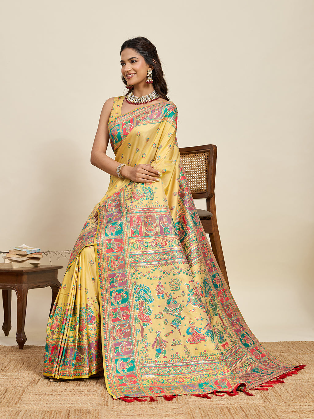 Fabrica Vibe Mustard Yellow Art Silk Folk Art Printed Saree with Peacock Motifs & Tassel Pallu
