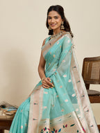 Fabrica Vibe Aqua Blue Organza Silk Saree with Peacock Motif Pallu & Zari Border