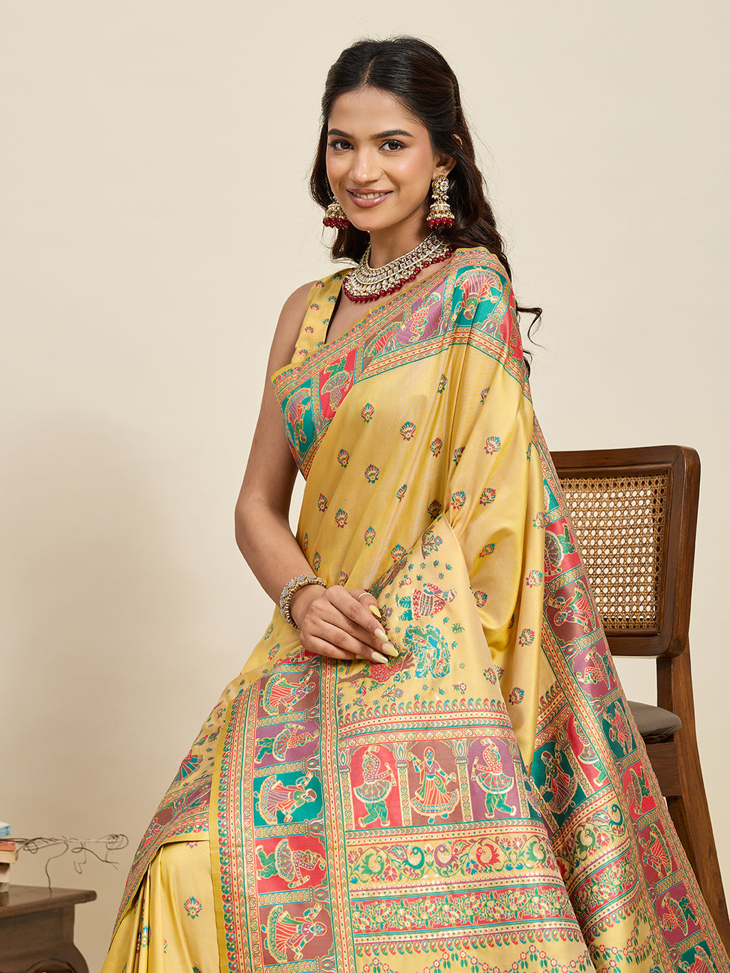Fabrica Vibe Mustard Yellow Art Silk Folk Art Printed Saree with Peacock Motifs & Tassel Pallu