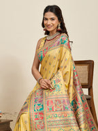 Fabrica Vibe Mustard Yellow Art Silk Folk Art Printed Saree with Peacock Motifs & Tassel Pallu