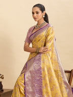 Fabrica Vibe Mustard Yellow & Lavender Banarasi Silk Blend Saree with Peacock Floral Zari Weaving
