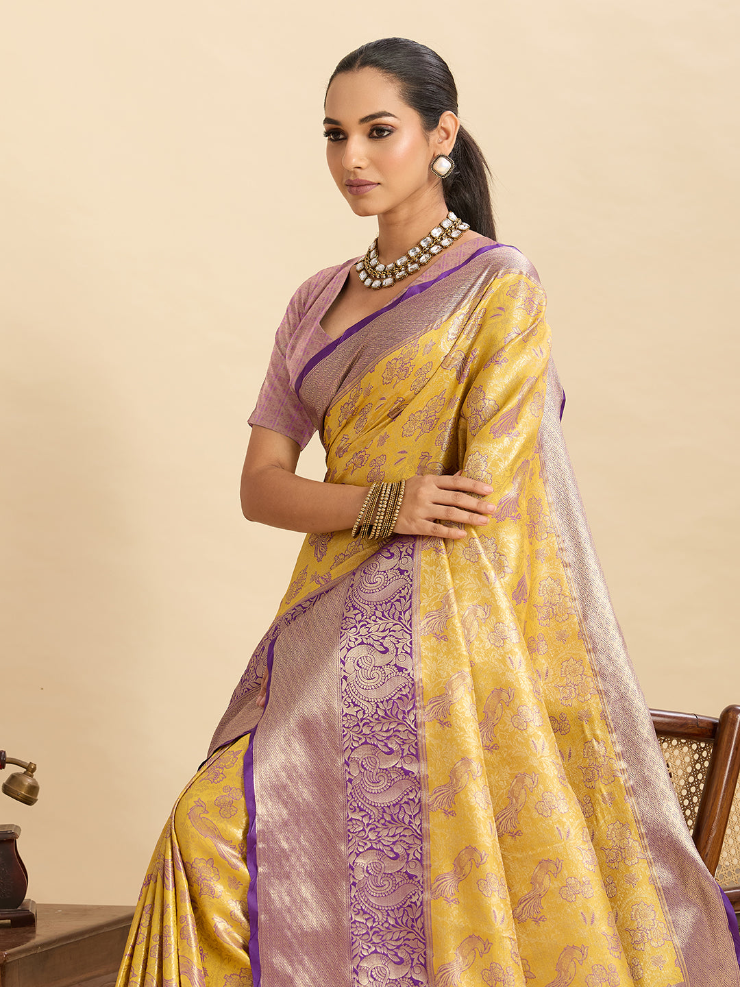 Fabrica Vibe Mustard Yellow & Lavender Banarasi Silk Blend Saree with Peacock Floral Zari Weaving