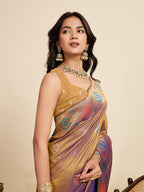 Fabrica Vibe Golden Mustard Banarasi Silk Saree with Multicolor Floral Zari Weaving