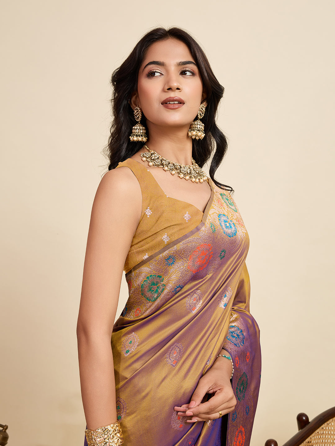 Fabrica Vibe Golden Mustard Banarasi Silk Saree with Multicolor Floral Zari Weaving