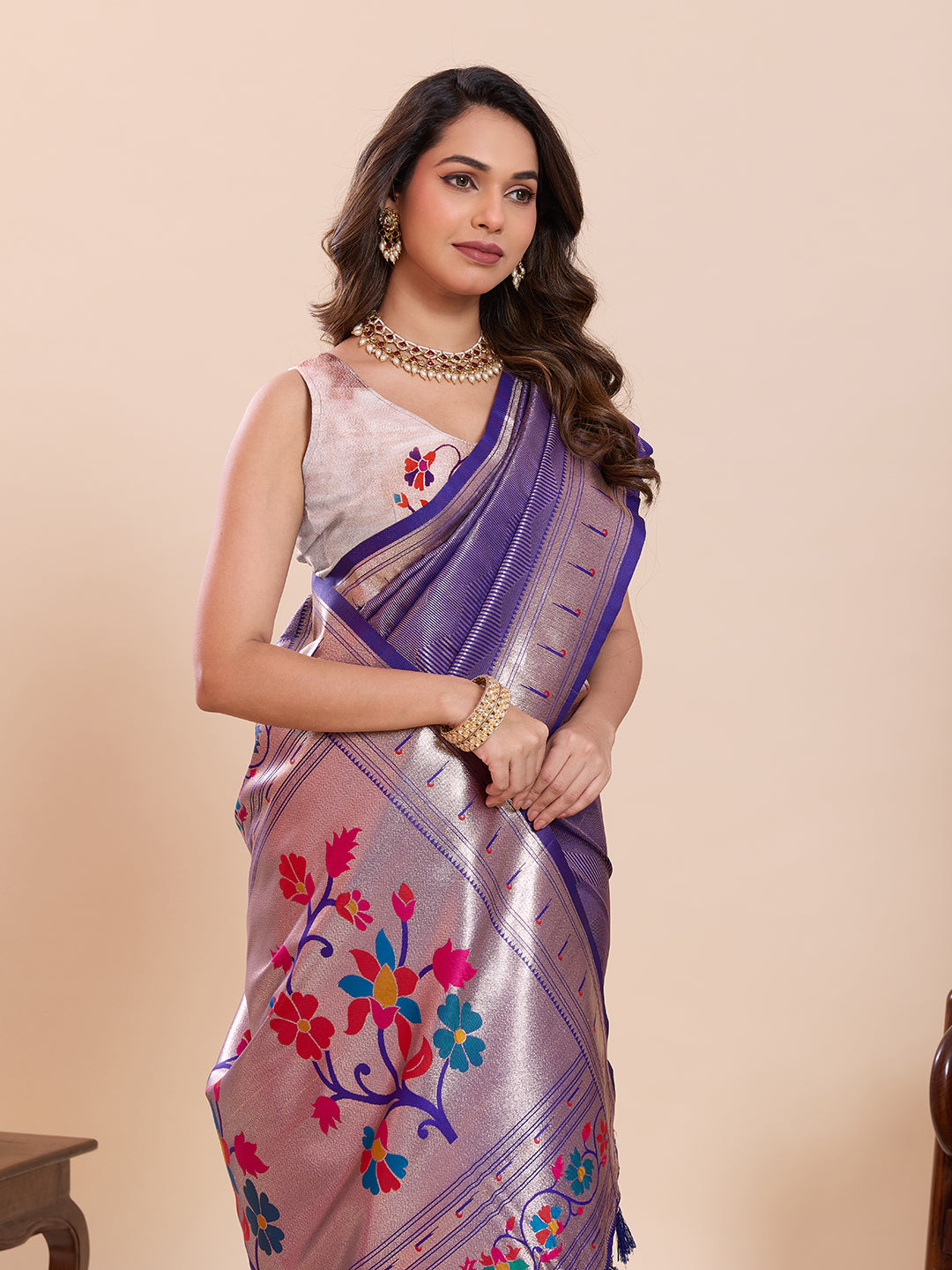 Fabrica Vibe Lavender Purple Paithani Art Silk Saree with Multicolor Floral Woven Pallu
