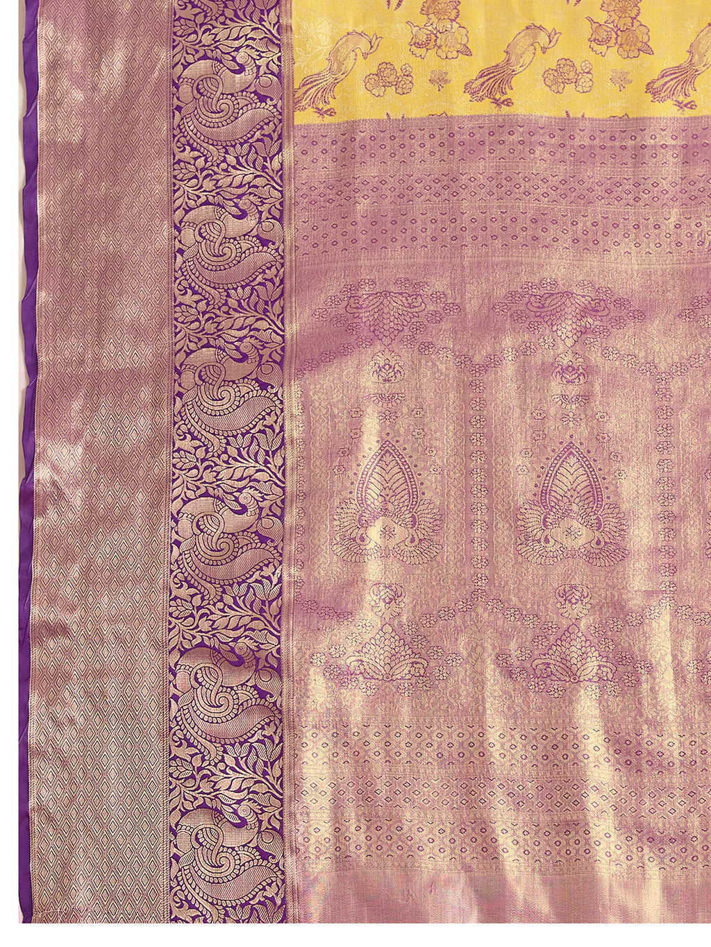 Fabrica Vibe Mustard Yellow & Lavender Banarasi Silk Blend Saree with Peacock Floral Zari Weaving