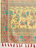 Fabrica Vibe Mustard Yellow Art Silk Folk Art Printed Saree with Peacock Motifs & Tassel Pallu