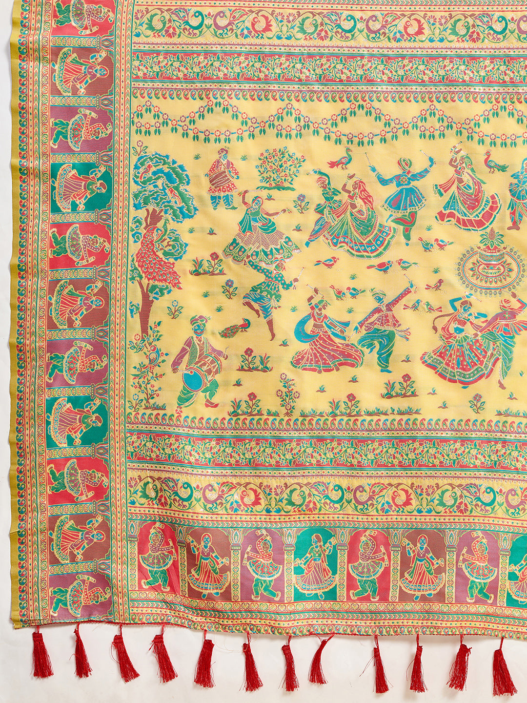 Fabrica Vibe Mustard Yellow Art Silk Folk Art Printed Saree with Peacock Motifs & Tassel Pallu