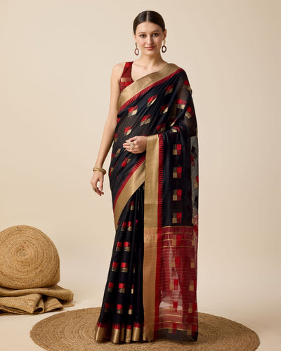 Fabrica Vibe Handwoven Bengal Cotton Saree in Black & Red with Woven Geometric Motifs