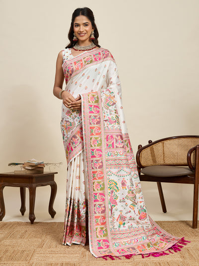 Fabrica Vibe Ivory White Art Silk Folk Art Printed Saree with Peacock Motifs & Tassel Pallu