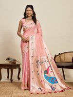 Fabrica Vibe Blush Pink Organza Silk Saree with Peacock Motif Pallu & Zari Border