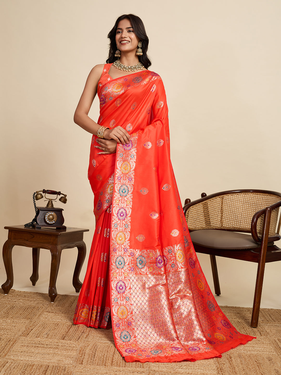 Fabrica Vibe Coral Orange Banarasi Silk Saree with Multicolor Floral Zari Border