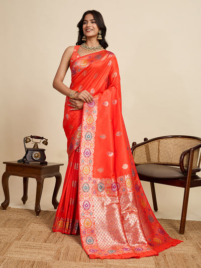 Fabrica Vibe Coral Orange Banarasi Silk Saree with Multicolor Floral Zari Border