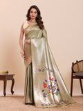 Fabrica Vibe Sage Green Paithani Art Silk Saree with Multicolor Floral Woven Pallu