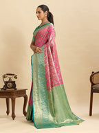Fabrica Vibe Pink & Mint Green Banarasi Silk Blend Saree with Woven Zari Floral Design