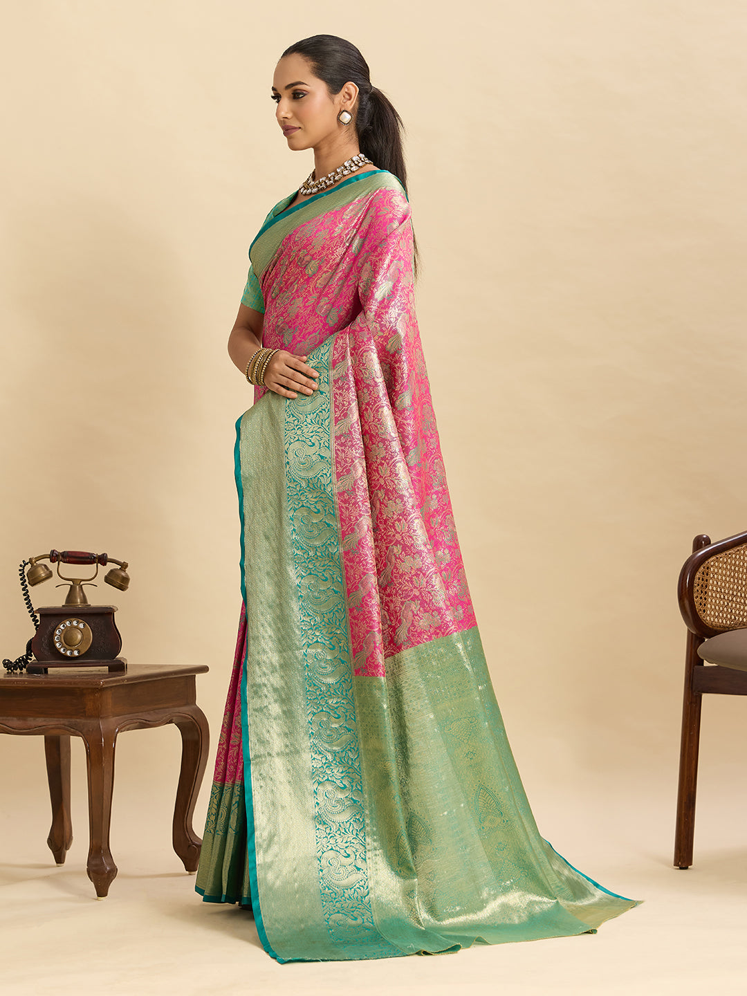 Fabrica Vibe Pink & Mint Green Banarasi Silk Blend Saree with Woven Zari Floral Design