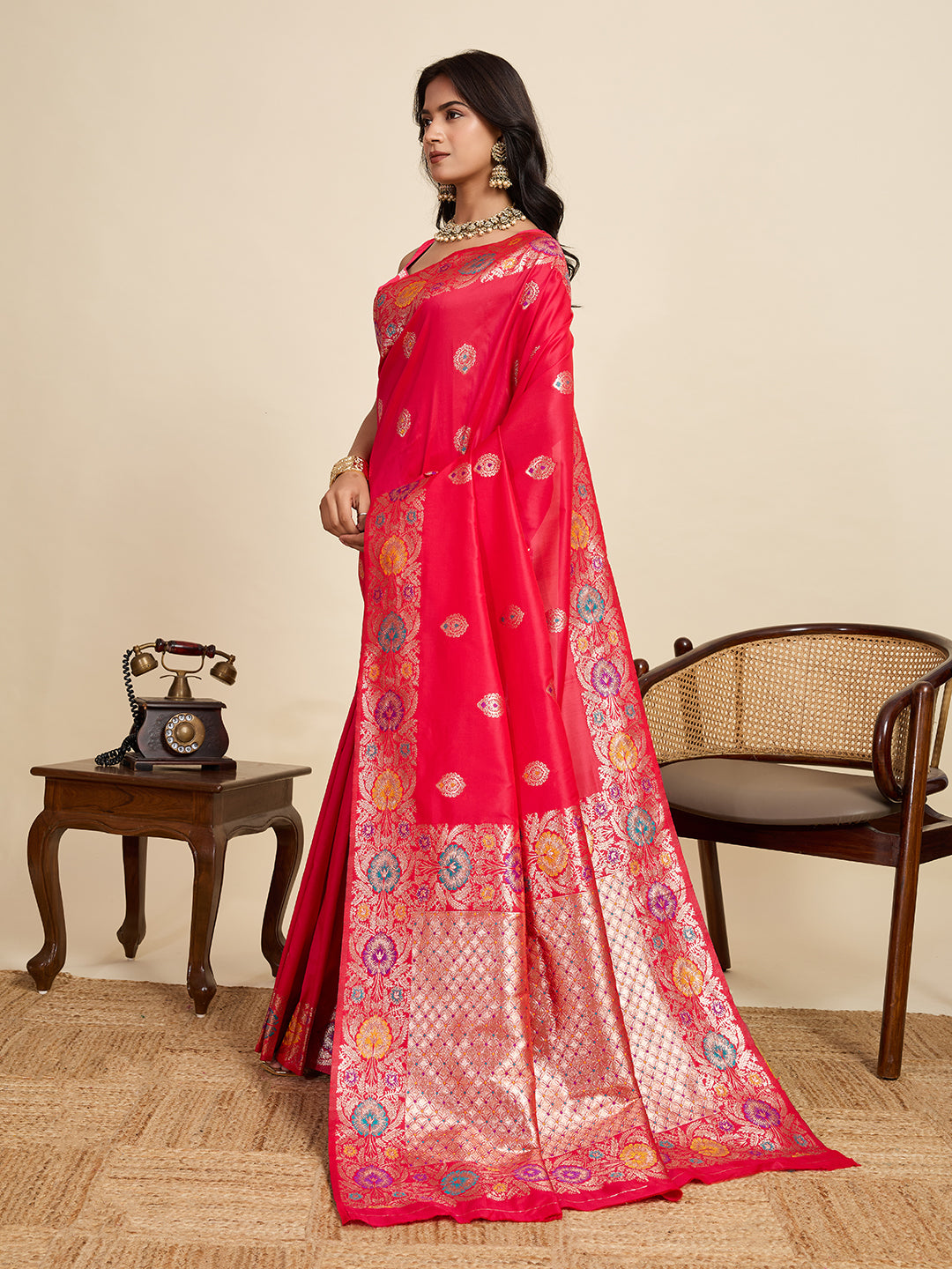 Fabrica Vibe Rani Pink Banarasi Silk Saree with Multicolor Floral Zari Weaving