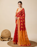 Fabrica Vibe Red & Mustard Bengal Handwoven Cotton Saree with Woven Geometric Design