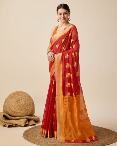 Fabrica Vibe Red & Mustard Bengal Handwoven Cotton Saree with Woven Geometric Design