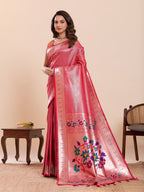 Fabrica Vibe Pink Paithani Art Silk Saree with Multicolor Floral Woven Pallu & Blouse Piece