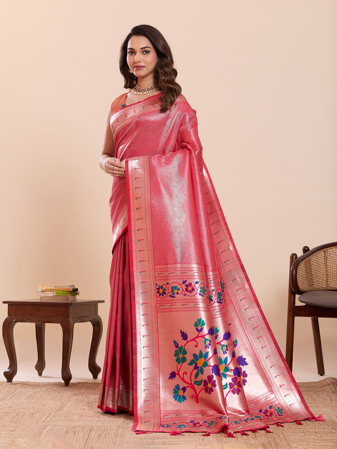 Fabrica Vibe Pink Paithani Art Silk Saree with Multicolor Floral Woven Pallu & Blouse Piece