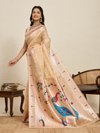 Fabrica Vibe Beige Organza Silk Saree with Peacock Pallu & Floral Woven Design